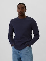 Gap Navy Blue Textured Waffle Knit Long Sleeve Crew Neck T-Shirt - Image 1 of 4