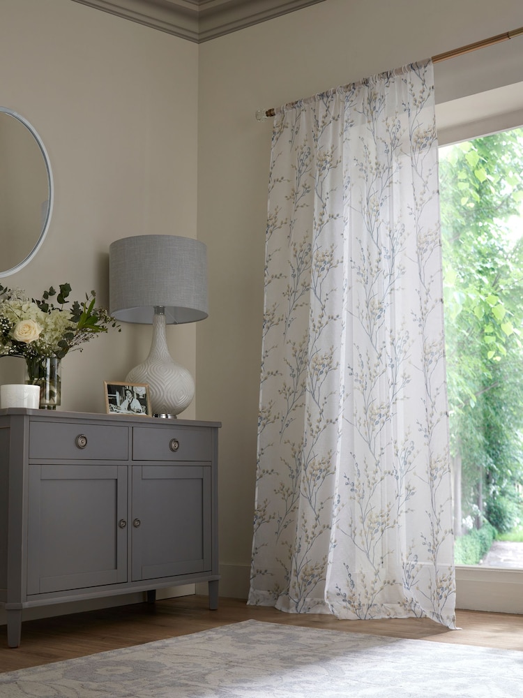 Laura Ashley Seaspray Pussy Willow Voile Slot Top Sheer Panel Pencil Pleat Curtain - Image 1 of 3