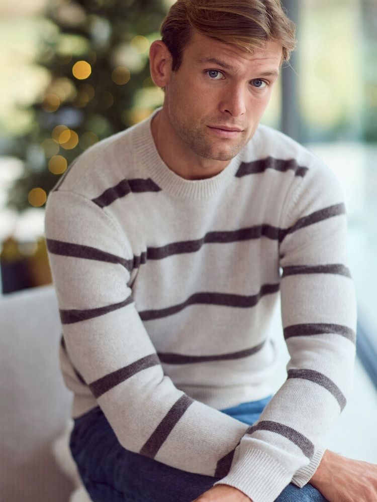 Ecru White Stripe Regular Fit Signature 100% Merino Wool Crew Jumper - Image 1 of 1