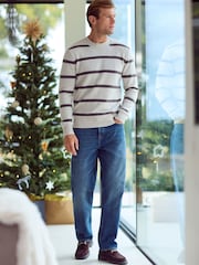 Ecru White Stripe Regular Fit Signature 100% Merino Wool Crew Jumper - Image 2 of 10