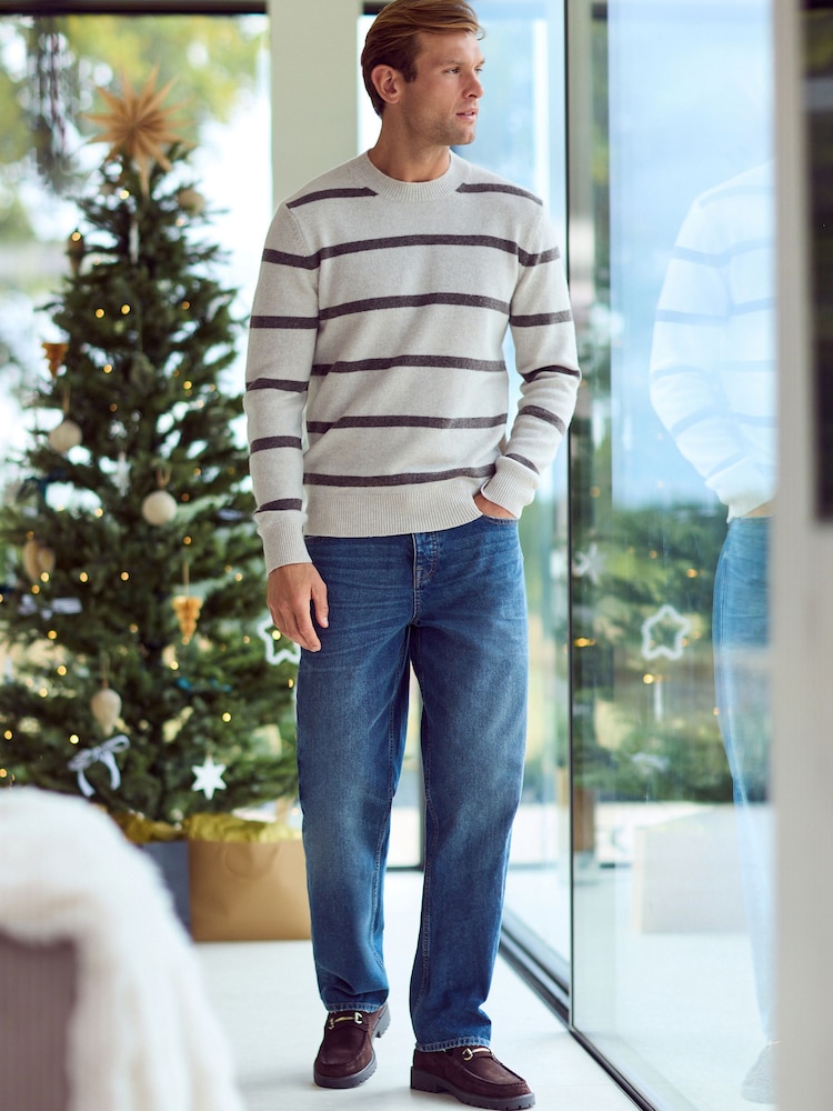 Ecru White Stripe Regular Fit Signature 100% Merino Wool Crew Jumper - Image 2 of 10
