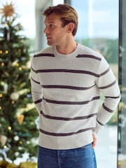 Ecru White Stripe Regular Fit Signature 100% Merino Wool Crew Jumper - Image 3 of 10