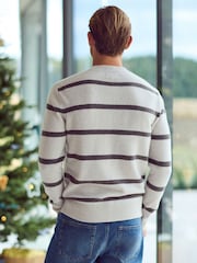 Ecru White Stripe Regular Fit Signature 100% Merino Wool Crew Jumper - Image 5 of 10
