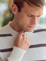 Ecru White Stripe Regular Fit Signature 100% Merino Wool Crew Jumper - Image 6 of 10