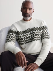 Ecru White Fairisle Pattern Regular Fit Signature 100% Merino Wool Crew Jumper - Image 1 of 8