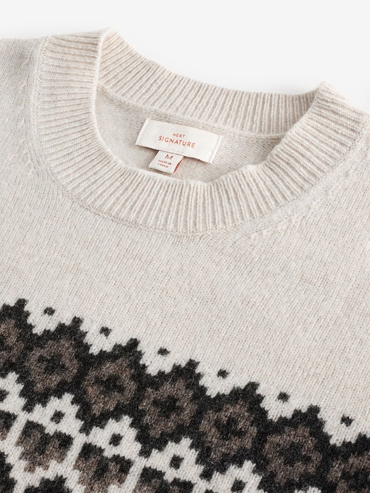 Ecru White Fairisle Pattern Regular Fit Signature 100% Merino Wool Crew Jumper - Image 8 of 8
