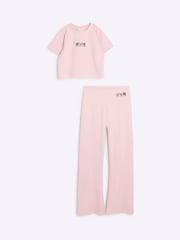 River Island Pink Girls Active 100% Cotton Crop Top and Flare Set - Image 1 of 4