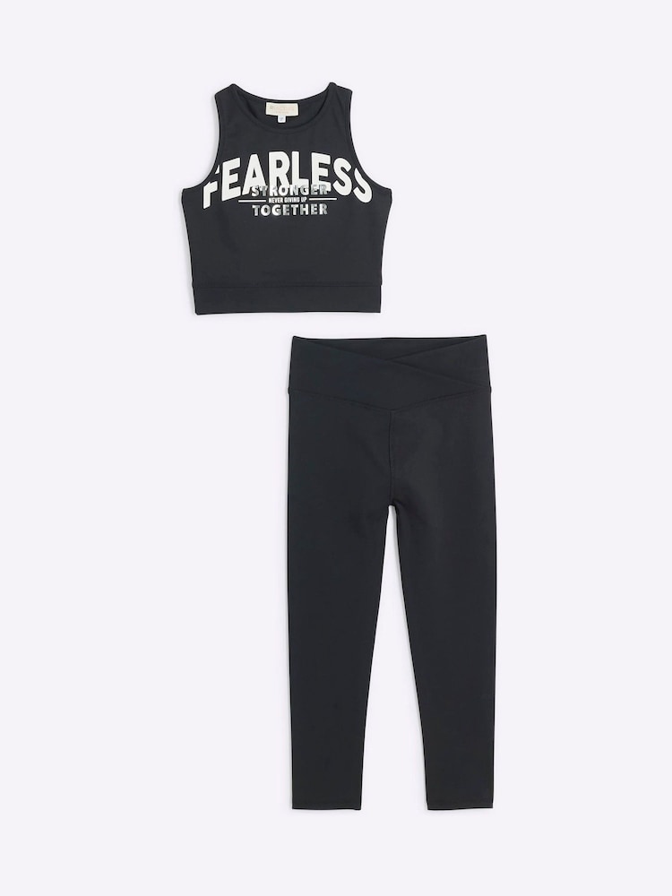River Island Black Girls Active 100% Cotton Crop Top and Leggings Set - Image 1 of 4