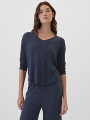 Donkerblauw - Gap relaxed geribde pyjamatop met V-hals - Image 1 of 4