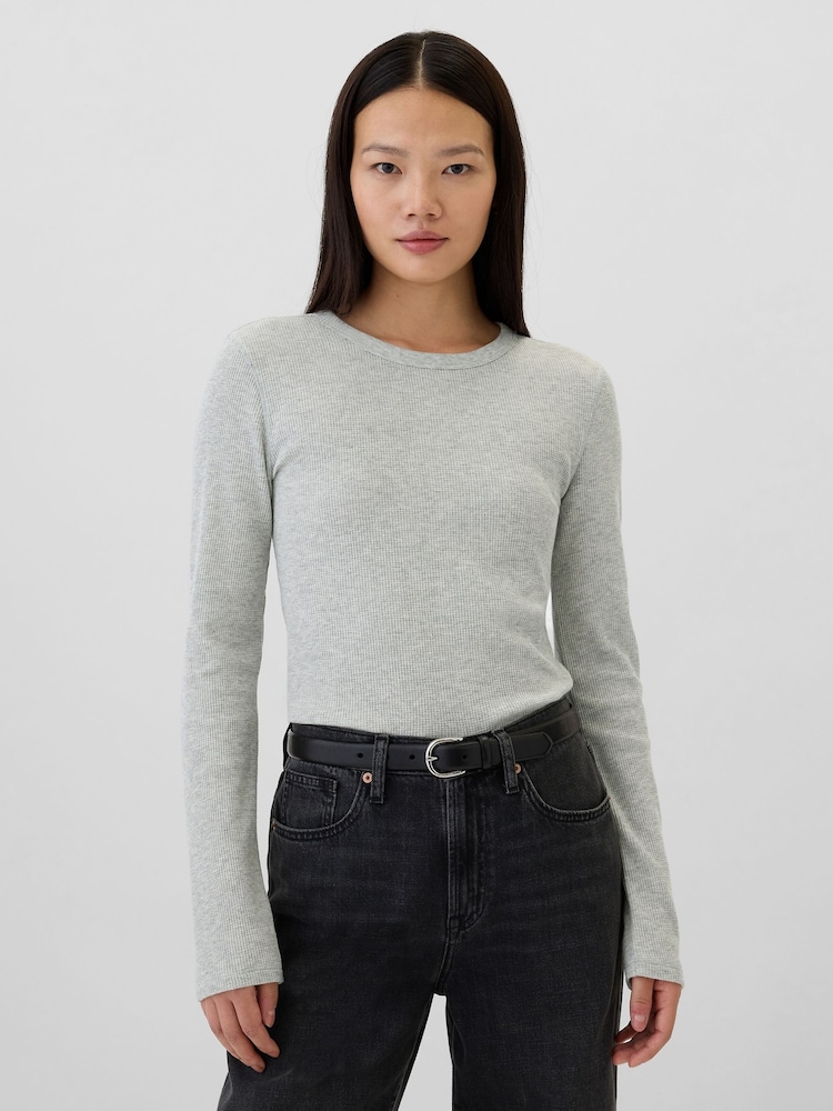 Gap Grey Long Sleeve Crew Neck Waffle Knit T-Shirt - Image 1 of 5 Gap Grey Long Sleeve Crew Neck Waffle Knit T-Shirt - Image 1 of 5