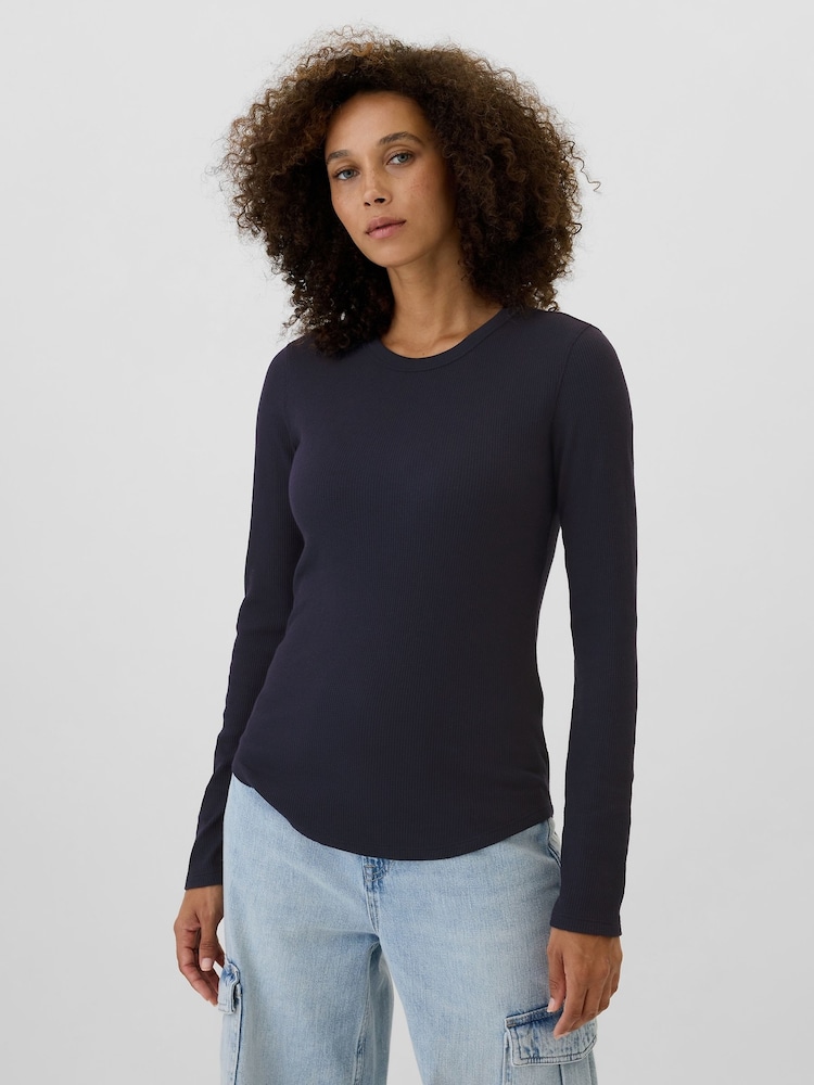 Gap Navy Blue Long Sleeve Crew Neck Waffle Knit T-Shirt - Image 1 of 5 Gap Navy Blue Long Sleeve Crew Neck Waffle Knit T-Shirt - Image 1 of 5