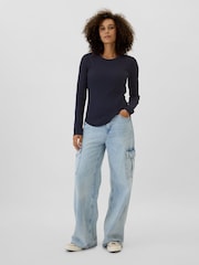 Gap Navy Blue Long Sleeve Crew Neck Waffle Knit T-Shirt - Image 3 of 5