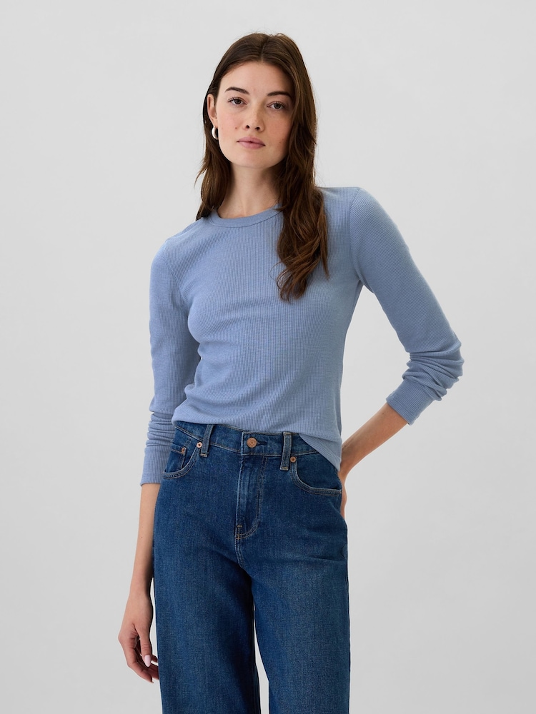 Gap Blue Long Sleeve Crew Neck Waffle Knit T-Shirt - Image 1 of 5 Gap Blue Long Sleeve Crew Neck Waffle Knit T-Shirt - Image 1 of 5