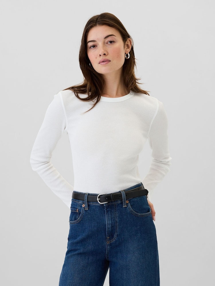 Gap White Long Sleeve Crew Neck Waffle Knit T-Shirt - Image 1 of 5 Gap White Long Sleeve Crew Neck Waffle Knit T-Shirt - Image 1 of 5