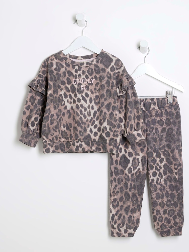 طقم بنطلونات رياضية للبنات بطبعة جلد الفهد من القطن 100% من River Island Girls - صورة 1 من 4