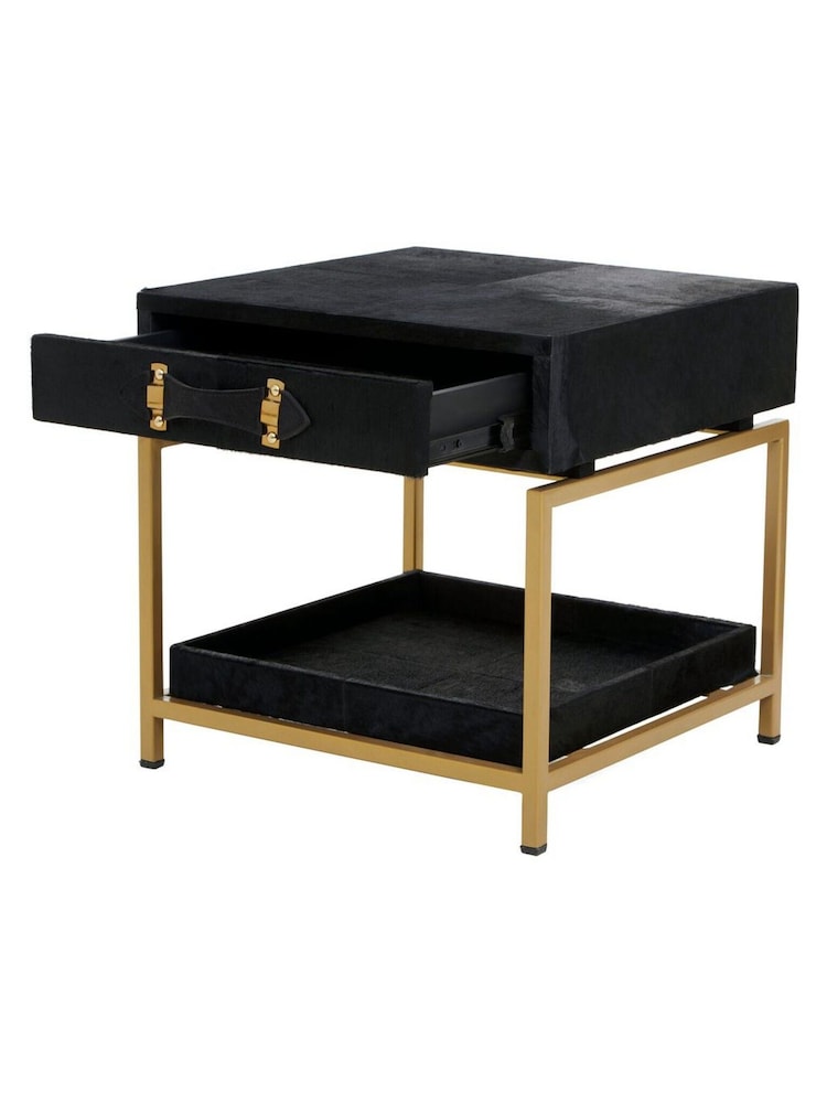 Interiors by Premier Black Gold Kensington Townhouse Hair On Leather Bedside Table - Image 2 of 4