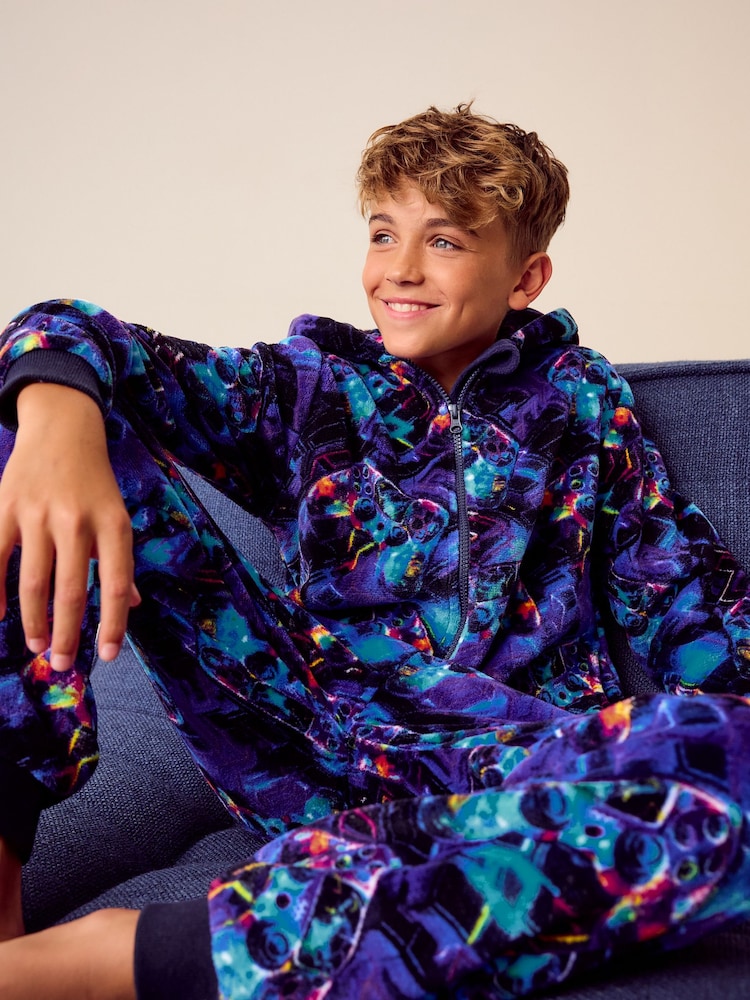 Blue Gamer All-In-One Fleece Pyjamas (3-16yrs) - Image 1 of 1