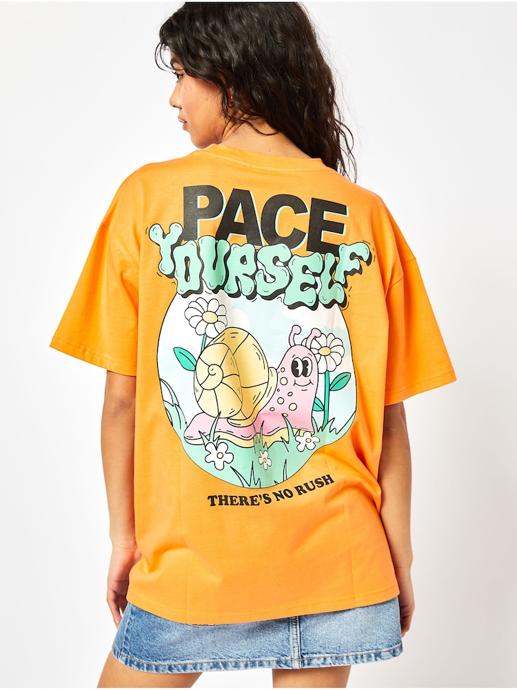 Skinnydip Orange Pace Yourself Oversized 100% Cotton T-Shirt - Image 1 of 4