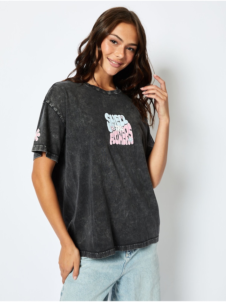 Skinnydip Grey Smell The Flowers Oversized Acid Wash 100% Cotton T-Shirt - Image 1 of 5 Skinnydip Grey Smell The Flowers Oversized Acid Wash 100% Cotton T-Shirt - Image 1 of 5