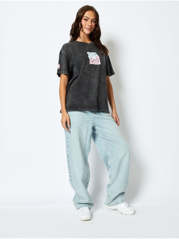 Skinnydip Grey Smell The Flowers Oversized Acid Wash 100% Cotton T-Shirt - Image 2 of 5 Skinnydip Grey Smell The Flowers Oversized Acid Wash 100% Cotton T-Shirt - Image 2 of 5