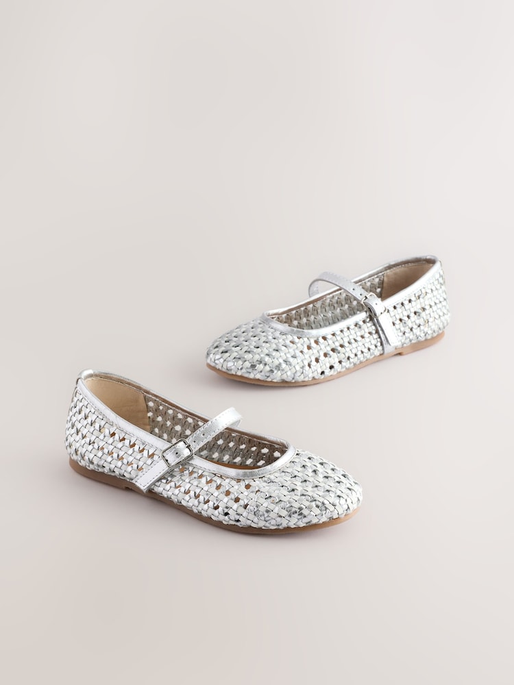 White Leather Woven Mary Jane Shoes - Image 1 of 5
