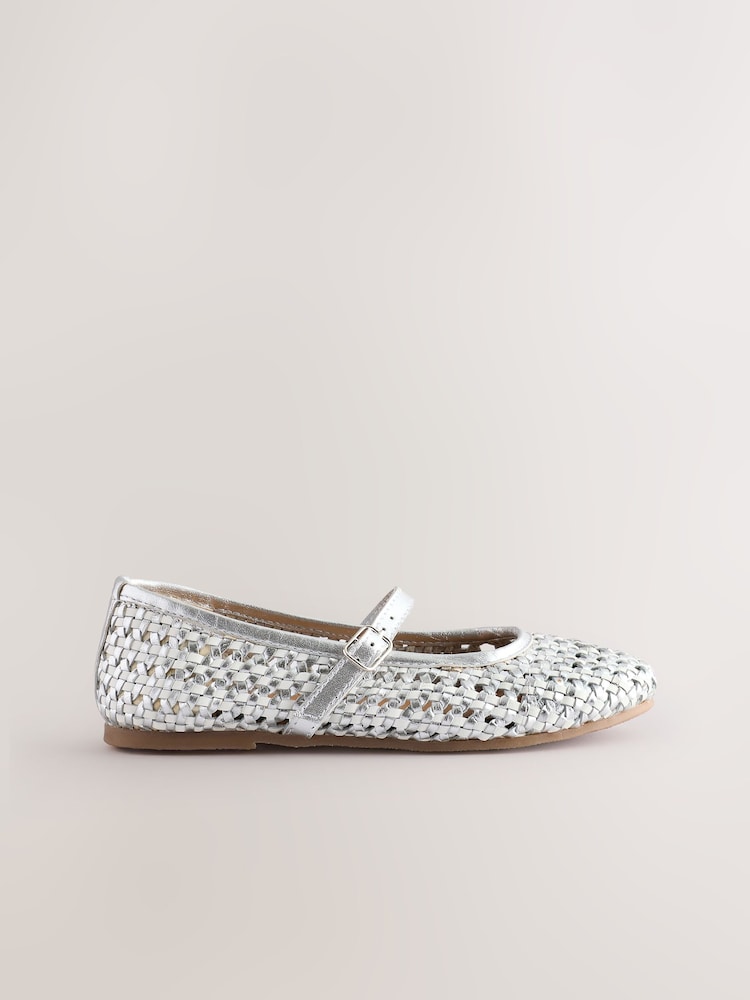 White Leather Woven Mary Jane Shoes - Image 2 of 5