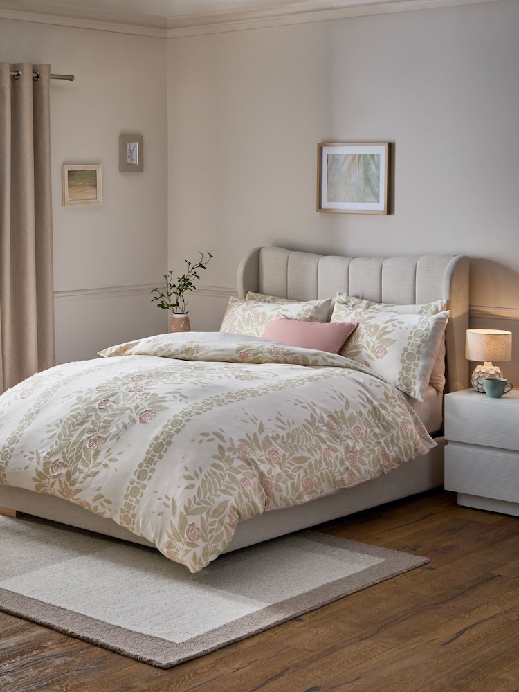 Natural/Green Floral 100% Cotton Jacquard Duvet Cover and Pillowcase Set - Image 1 of 1