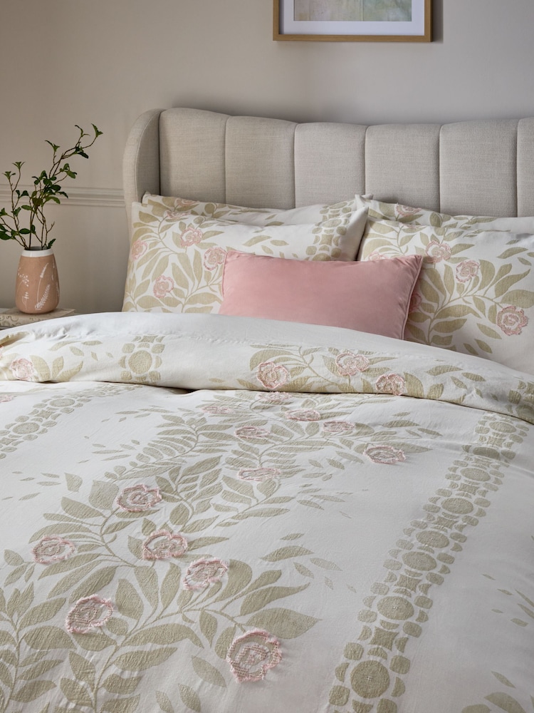Natural/Green Floral 100% Cotton Jacquard Duvet Cover and Pillowcase Set - Image 2 of 4