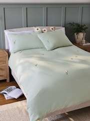 Sage Green 100% Cotton Floral Crochet Duvet Cover and Pillowcase Set - Image 1 of 4