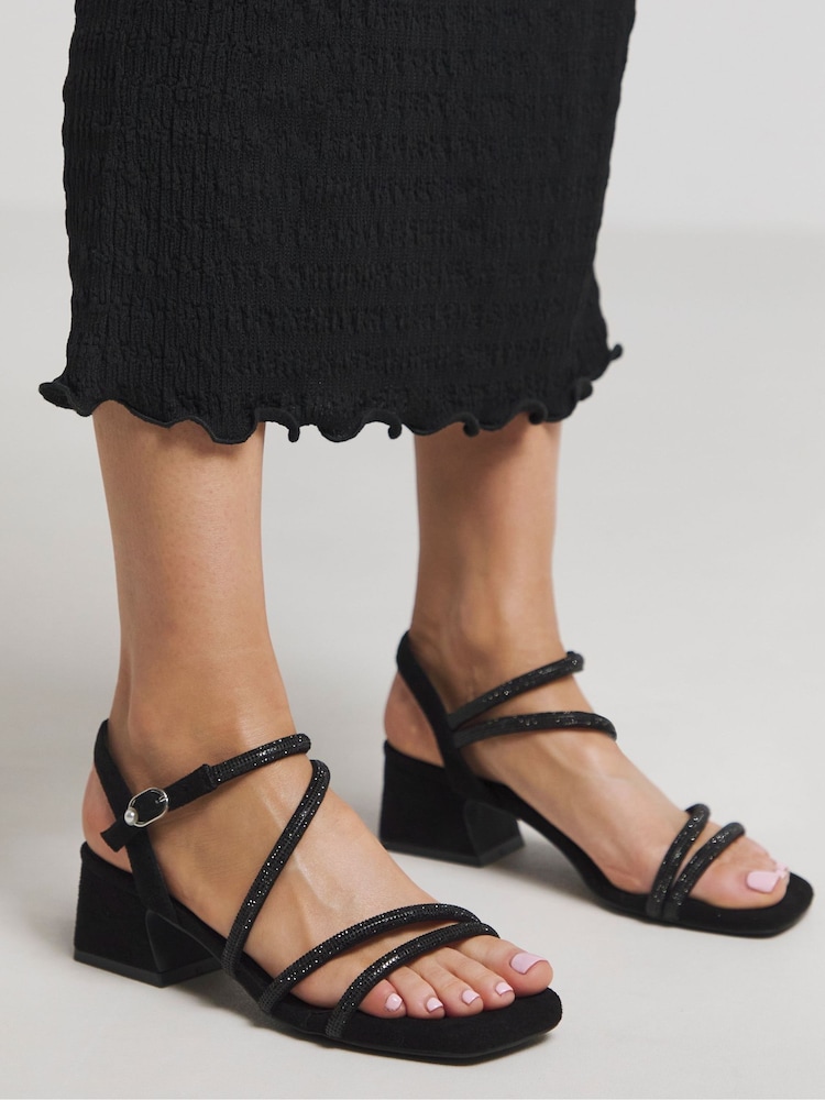 Simply Be Black Extra Wide Fit Low Block Heel Diamante Strap Detail Sandals - Image 2 of 4