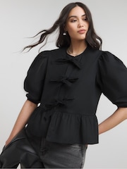 Simply Be Black Tie Front Puff Sleeve Blouse - Image 1 of 5