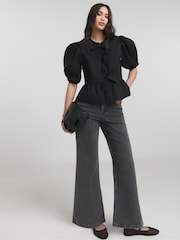 Simply Be Black Tie Front Puff Sleeve Blouse - Image 2 of 5