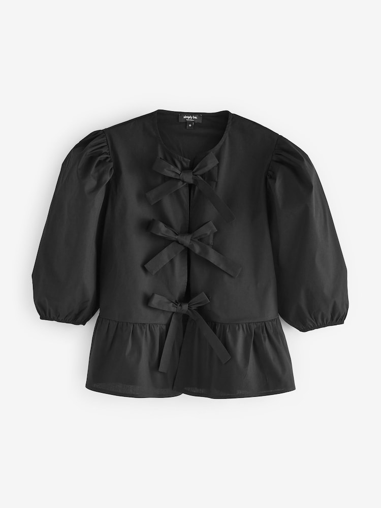 Simply Be Black Tie Front Puff Sleeve Blouse - Image 5 of 5