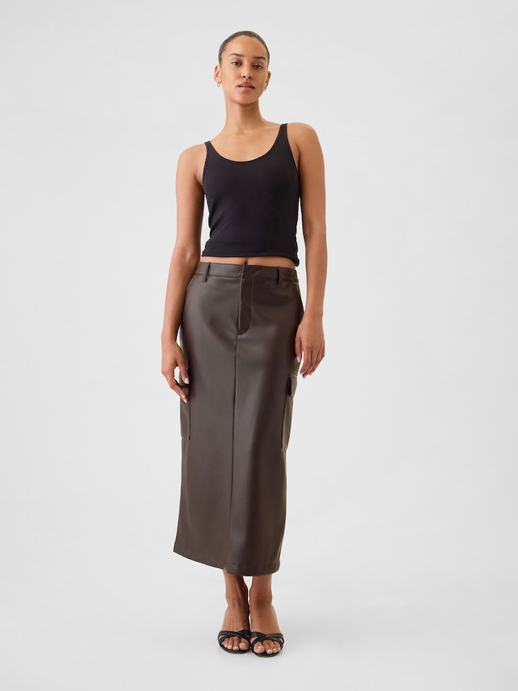Gap Brown Faux Leather Cargo Midi Skirt - Image 1 of 5 Gap Brown Faux Leather Cargo Midi Skirt - Image 1 of 5
