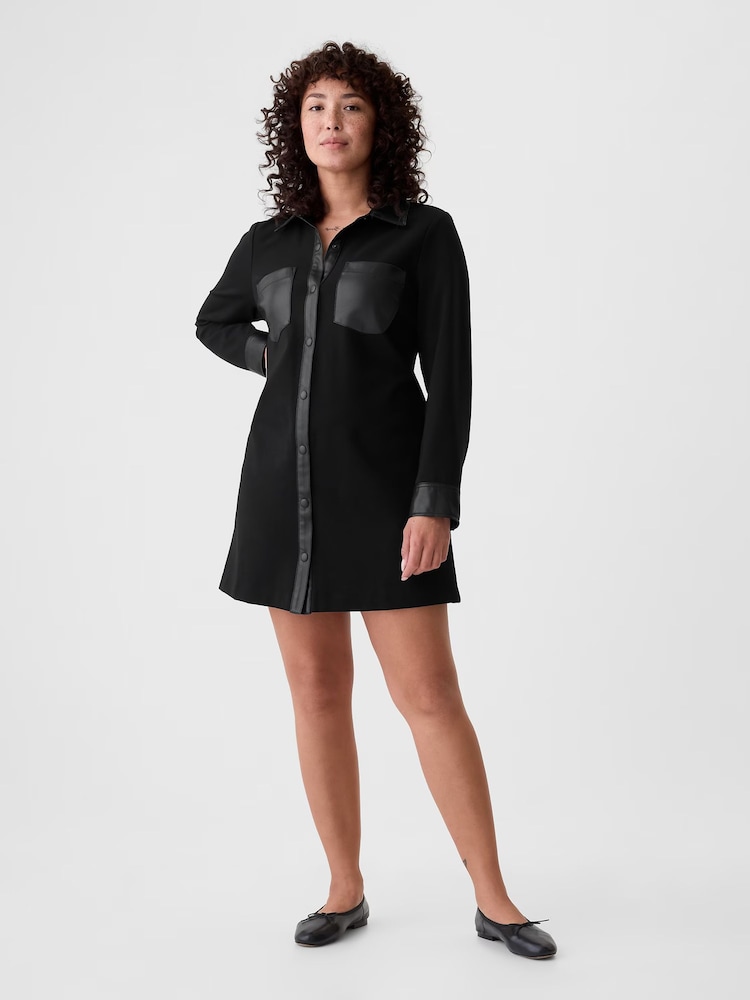 Gap Black Faux Leather Details Mini Shirt Dress - Image 1 of 5