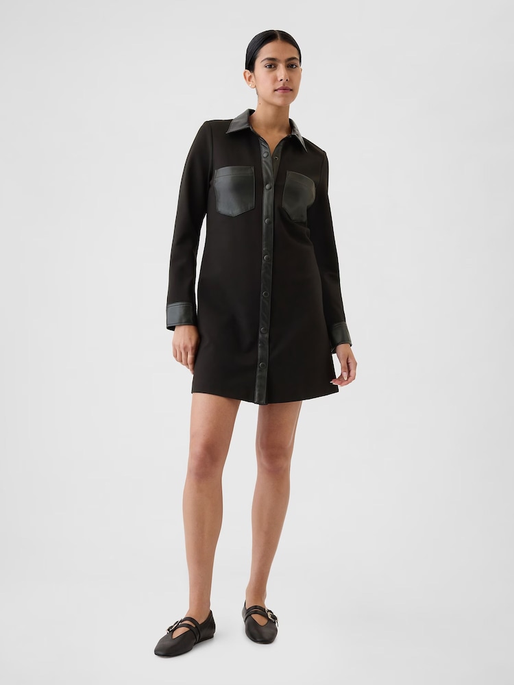 Gap Black Faux Leather Details Mini Shirt Dress - Image 2 of 5