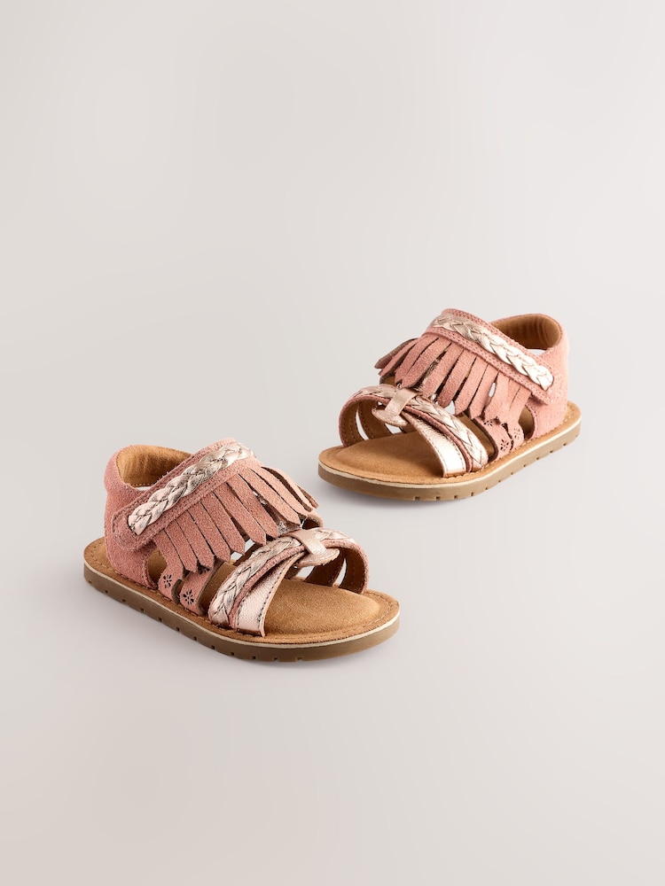 Tan Brown Suede Fringe Sandals - Image 1 of 6