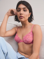 Bright Pink Plunge Pretty Floral Print Lace Bra - Image 5 of 9