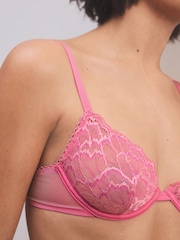 Bright Pink Plunge Pretty Floral Print Lace Bra - Image 7 of 9