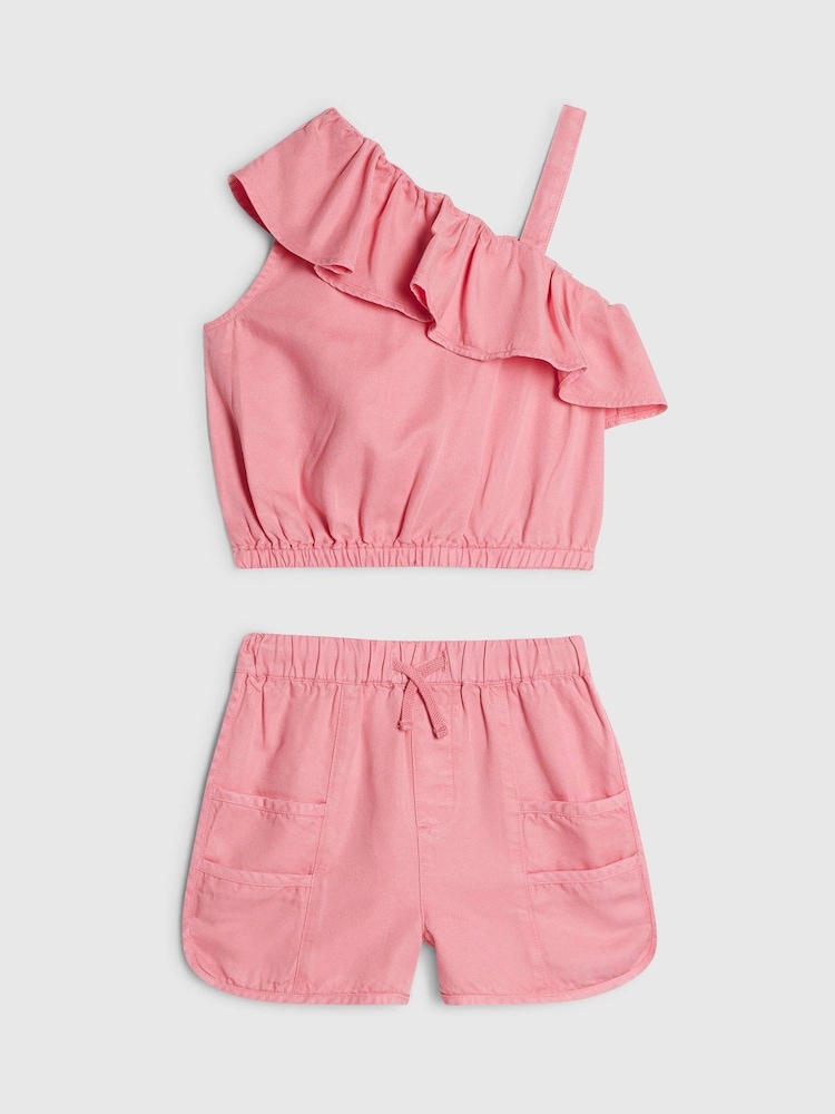 River Island Pink Tencel Aysmmetric Top & Shorts Set - Image 1 of 4