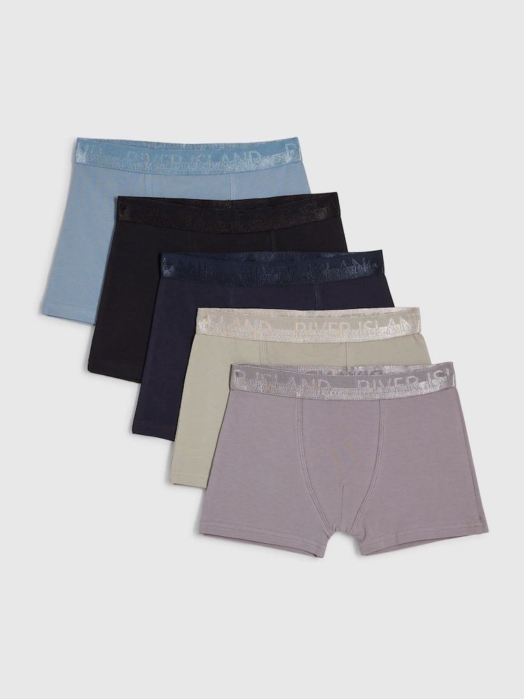 River Island Blue Metallic Waistband 5 Pack Boxers - Image 1 of 3 River Island Blue Metallic Waistband 5 Pack Boxers - Image 1 of 3