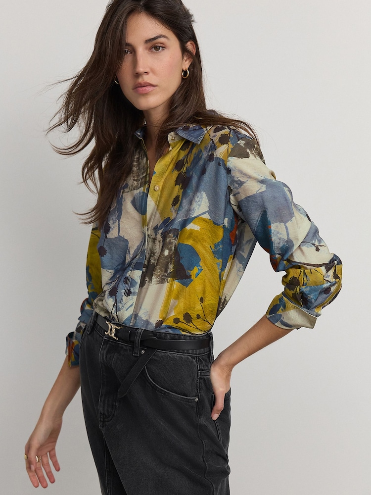 Abstract Blue Print Long Sleeve Button Down Shirt - Image 3 of 8