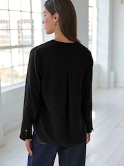 Black Relaxed Fit Long Sleeve Overhead V-Neck Blouse - Image 3 of 7
