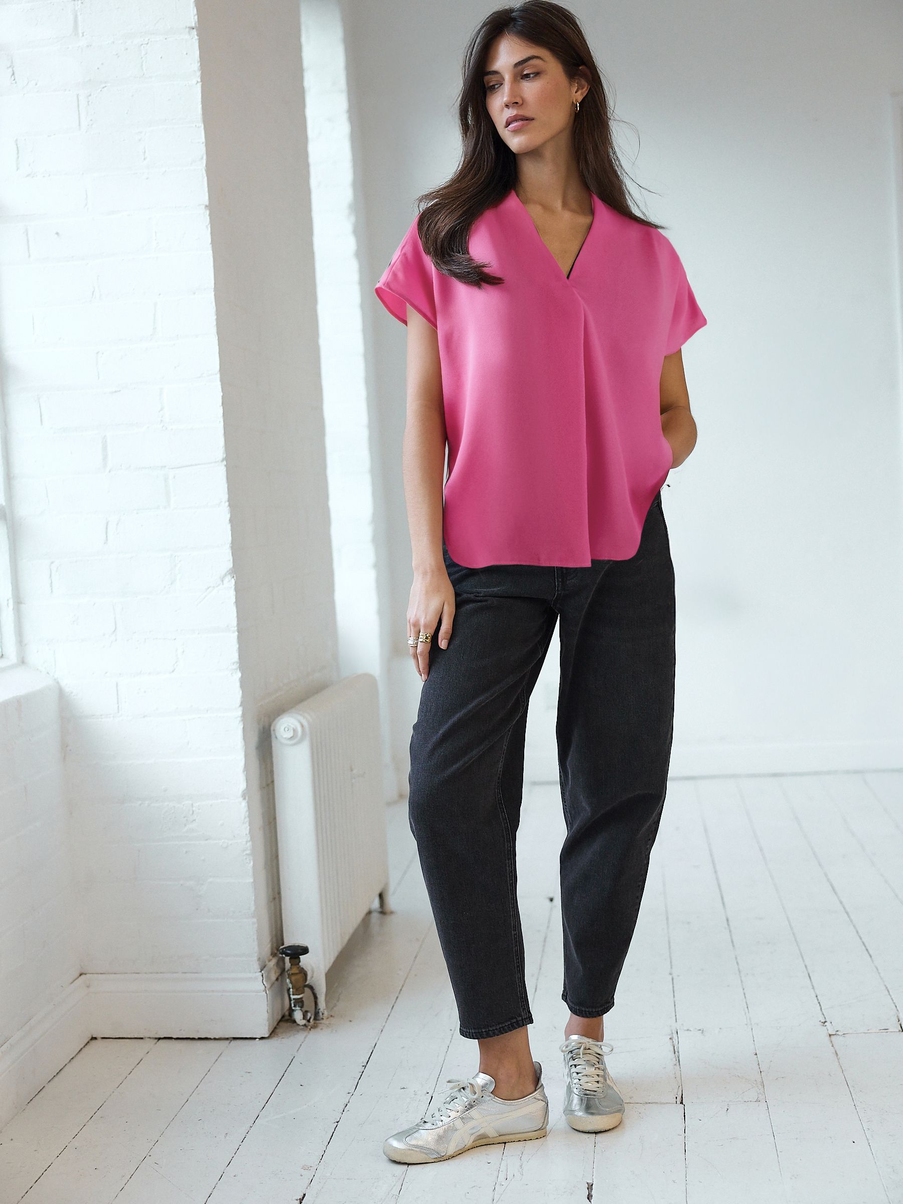 Buy Pink Relaxed Fit Short Sleeve Overhead V-Neck Blouse
