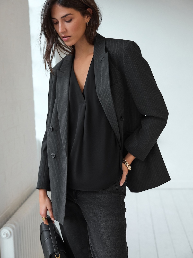Noir - Relaxed Fit Manches courtes Overhead Col en V Chemisiers - Image 3 of 8