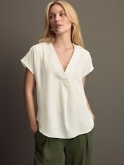 Cream Relaxed Fit Short Sleeve Overhead V-Neck Blouse - Image 1 of 7