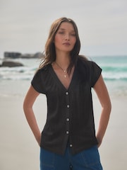 Black Button Down Ruffle Sleeve Top With Linen - Image 1 of 6