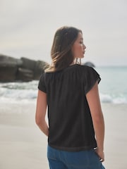 Black Button Down Ruffle Sleeve Top With Linen - Image 2 of 6