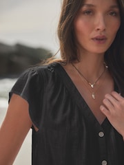Black Button Down Ruffle Sleeve Top With Linen - Image 3 of 6