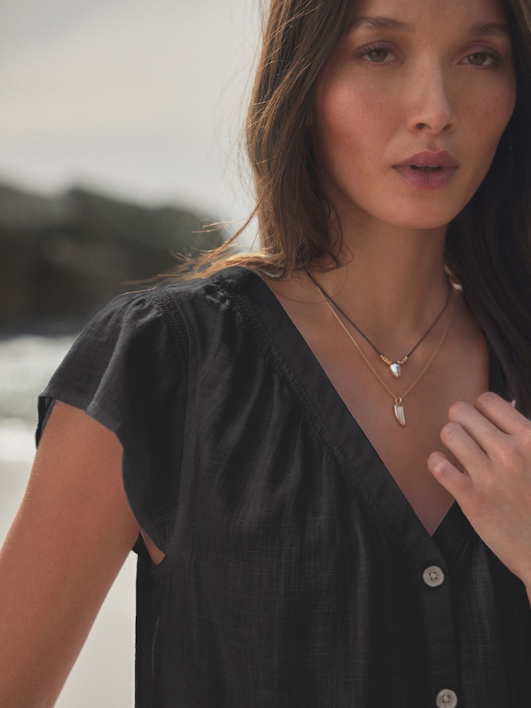 Black Button Down Ruffle Sleeve Top With Linen - Image 3 of 6